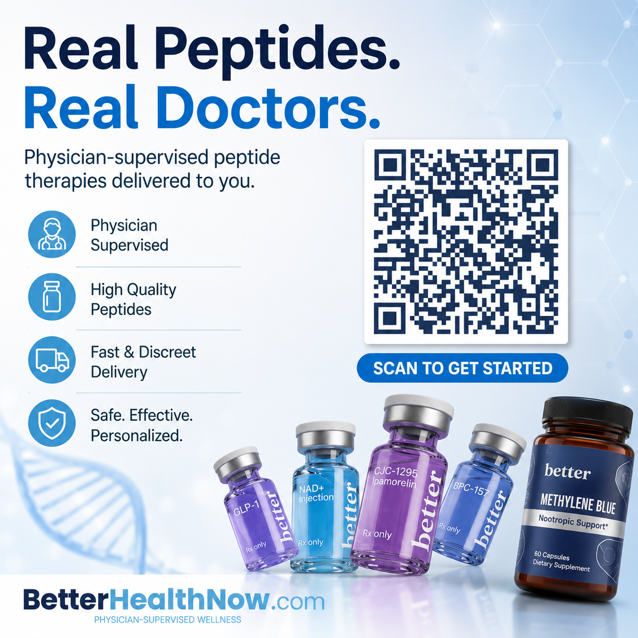 Better Health Now physician-supervised peptide therapy flyer with QR code