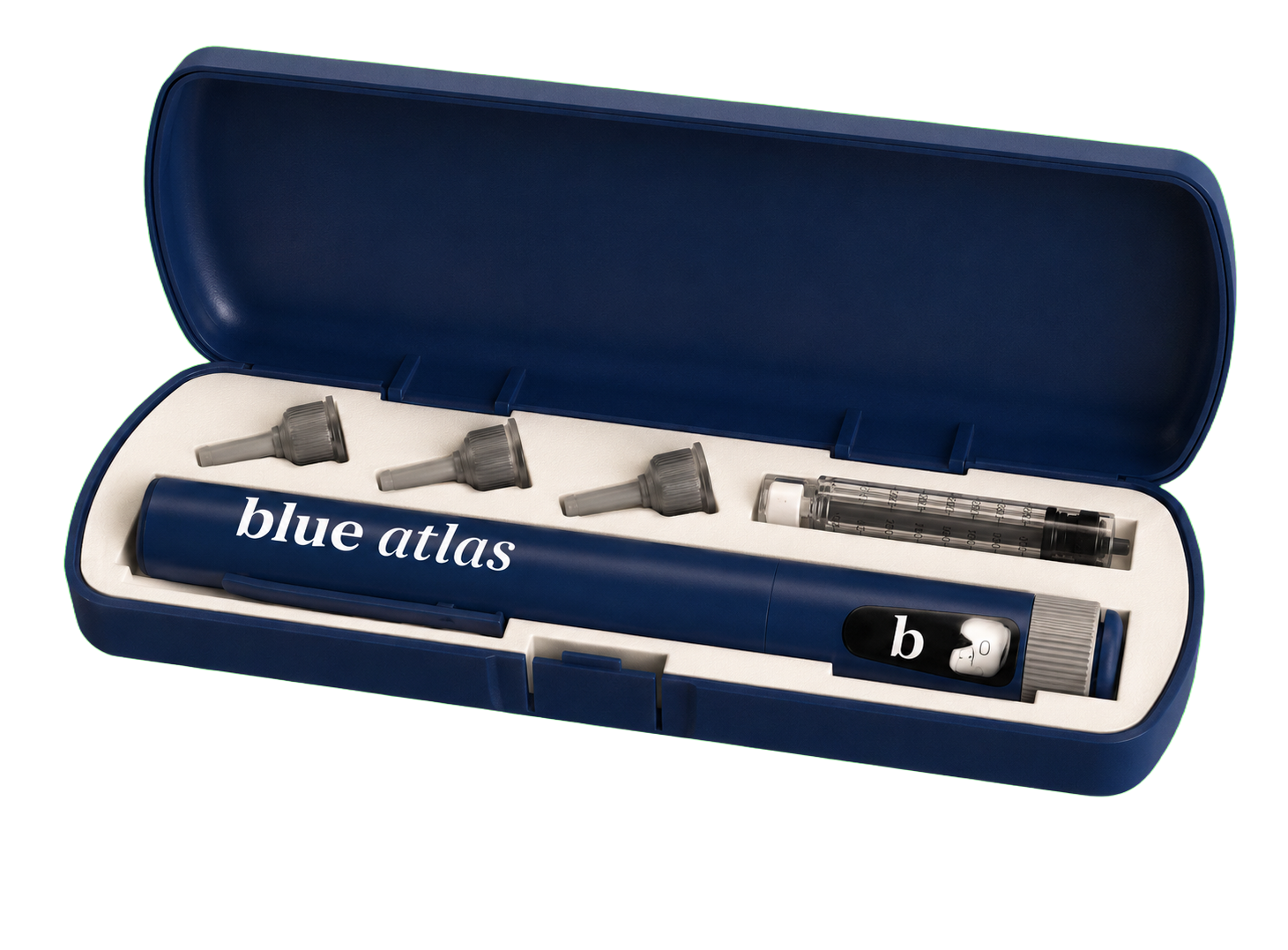 Blue Atlas peptide pen in branded case with accessories